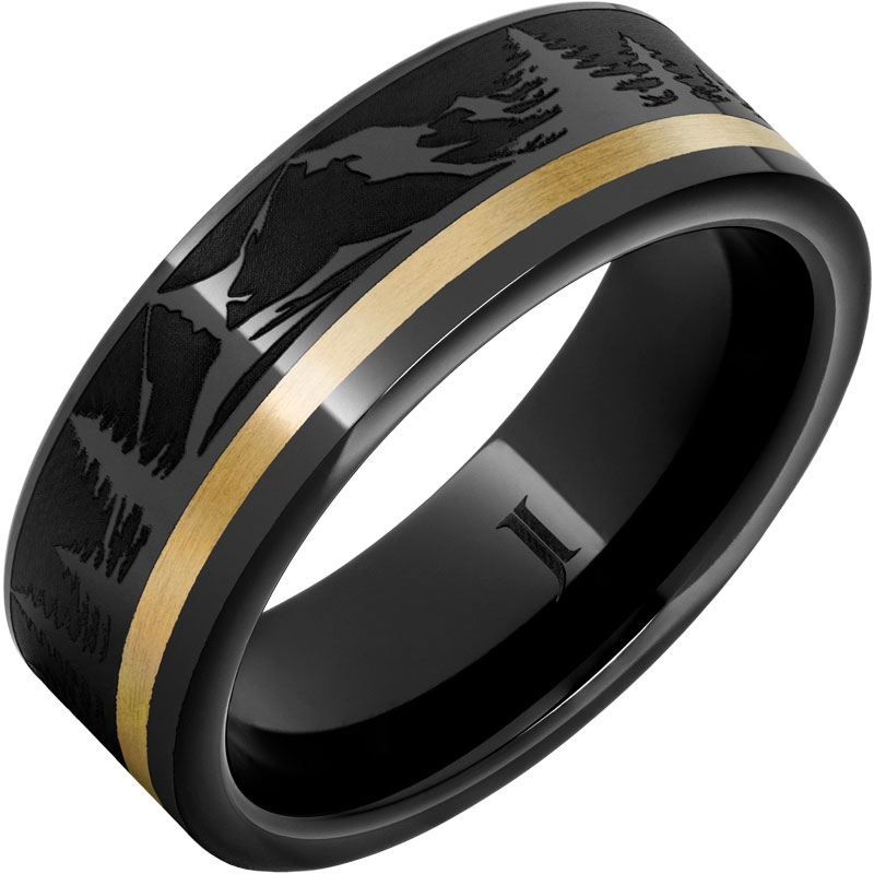 Black Diamond Ceramic&trade; Ring With 14K Gold Inlay and Mountain Pine Forest Engraving