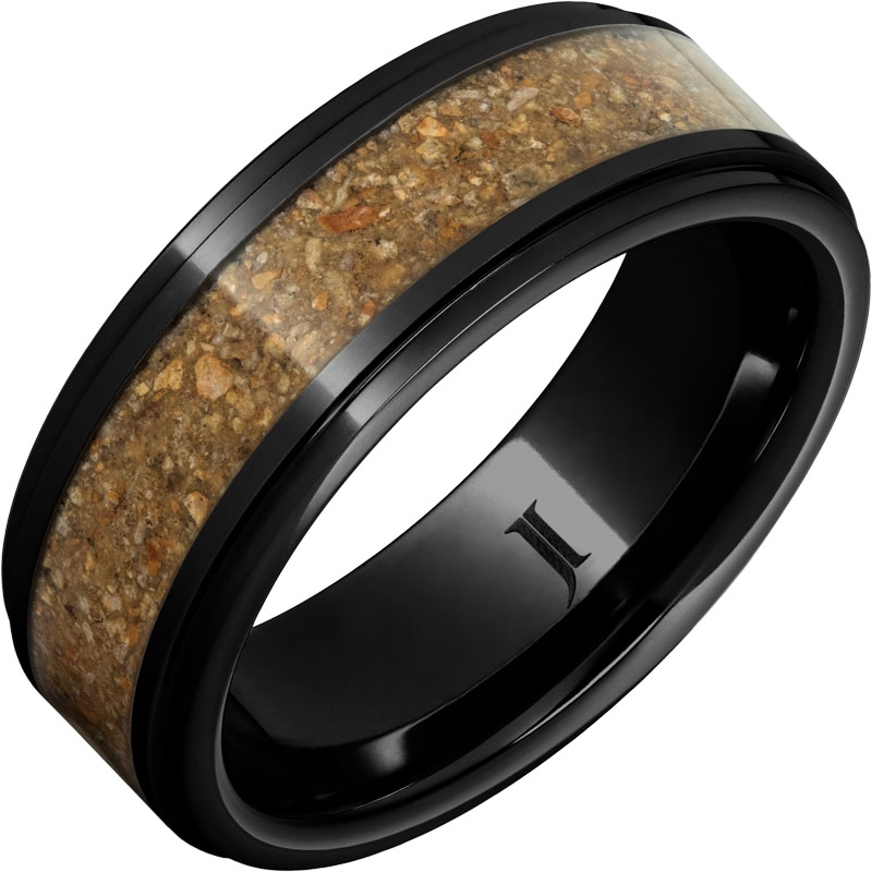 Black Diamond Ceramic&trade; Ring with Tan-Brown Dinosaur Bone Fossil Inlay and Flat Recessed Edges