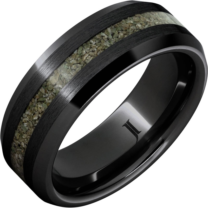 Black Diamond Ceramic&trade; Ring with Rare Green Fossil Dinosaur Bone Inlay