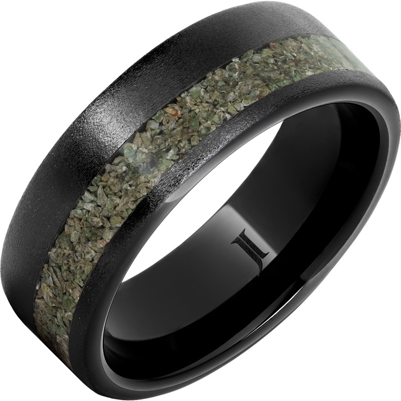 Black Diamond Ceramic&trade; Ring with Green Dinosaur Bone Inlay and Stone Finish