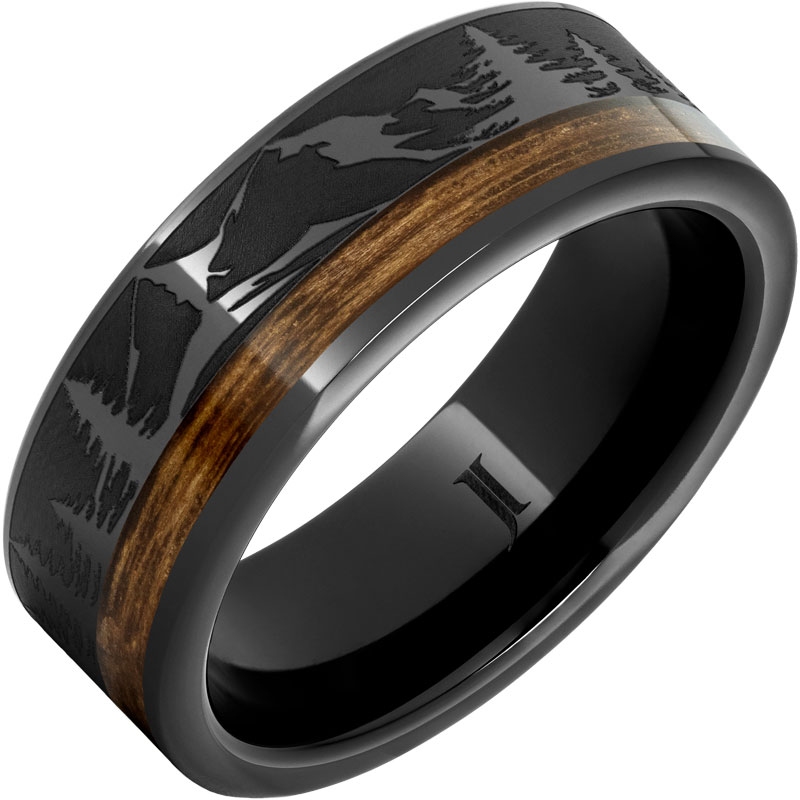Black Diamond Ceramic&trade; Ring with Bourbon Barrel Inlay And Mountain Pine Forest Engraving