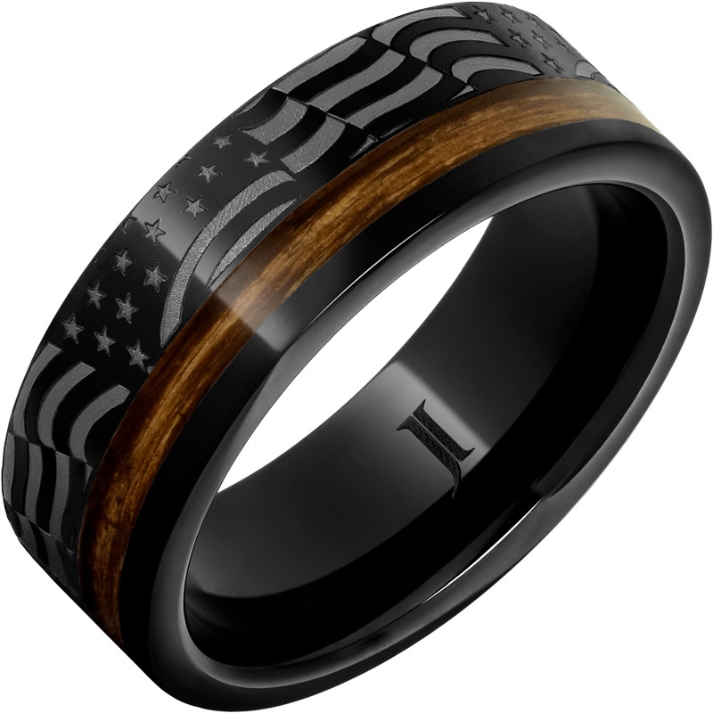 Whiskey Rebellion - Black Diamond Ceramic&trade; Ring with Bourbon Barrel Inlay and American Flag Engraving