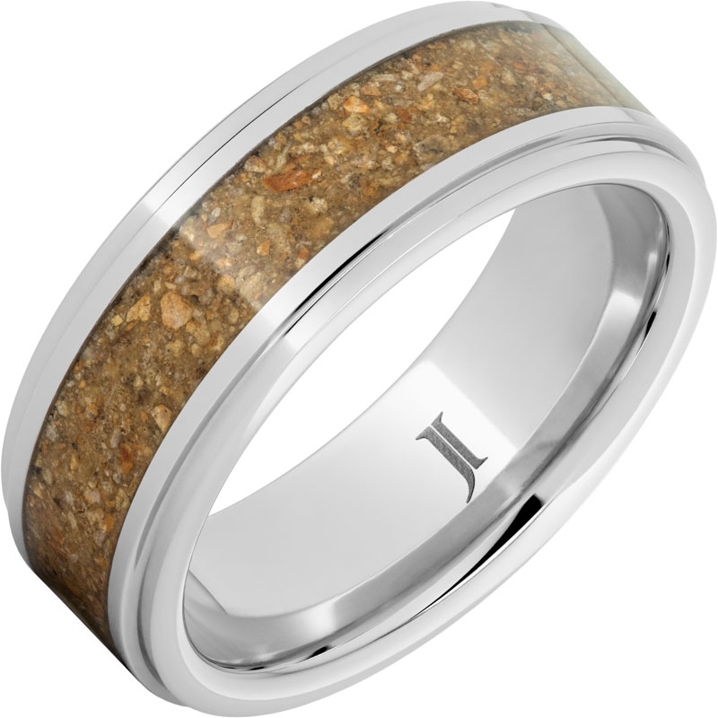 Serinium&reg; Ring with Tan-Brown Dinosaur Bone Fossil Inlay and Flat Recessed Edges