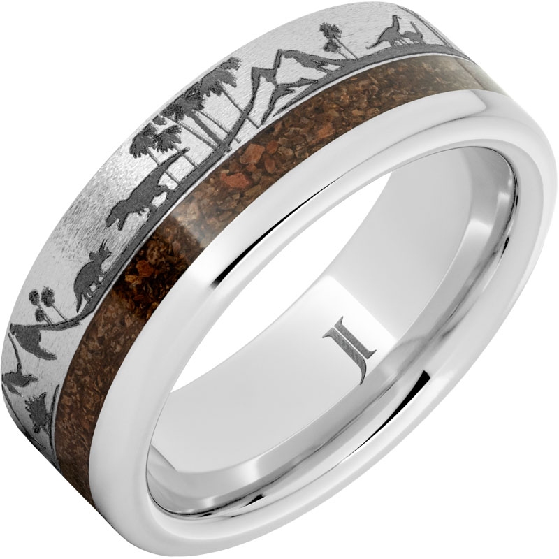 Serinium&reg; Ring with Dinosaur Bone Inlay and Dinosaur Landscape Engraving