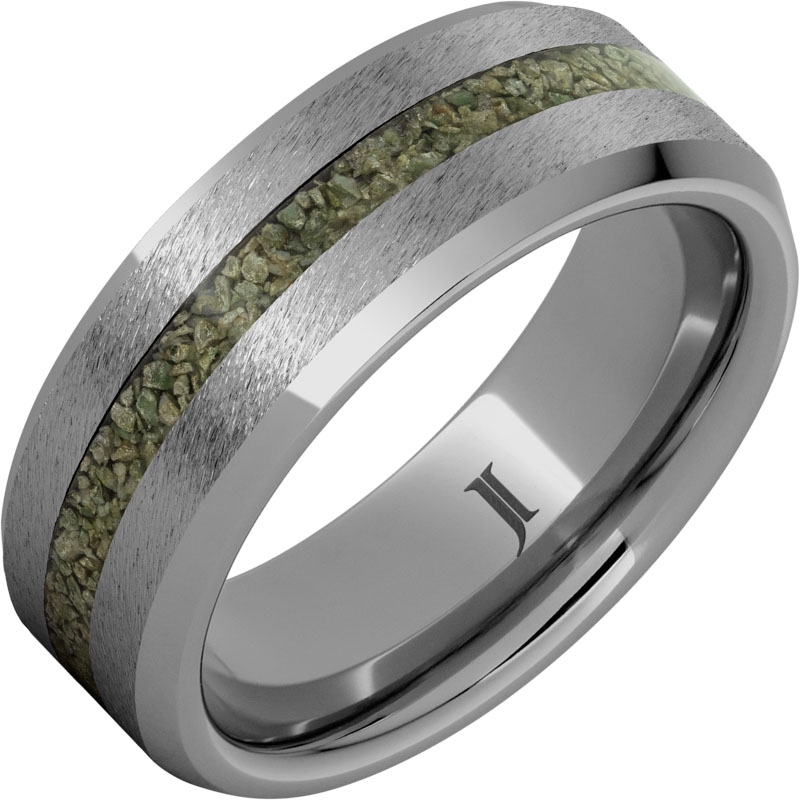 Rugged Tungsten&trade; Ring with Rare Green Fossil Dinosaur Bone Inlay