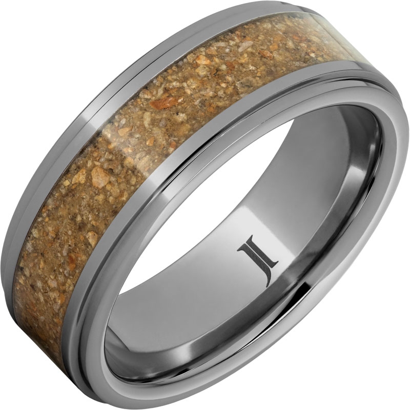 Rugged Tungsten&trade; Ring with Tan-Brown Dinosaur Bone Fossil Inlay and Flat Recessed Edges