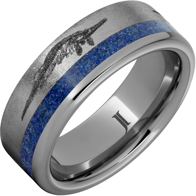 Monsters Of The Deep - Rugged Tungsten&trade; Ring with Lapis Inlay and Prehistoric Sea Predators Engraving