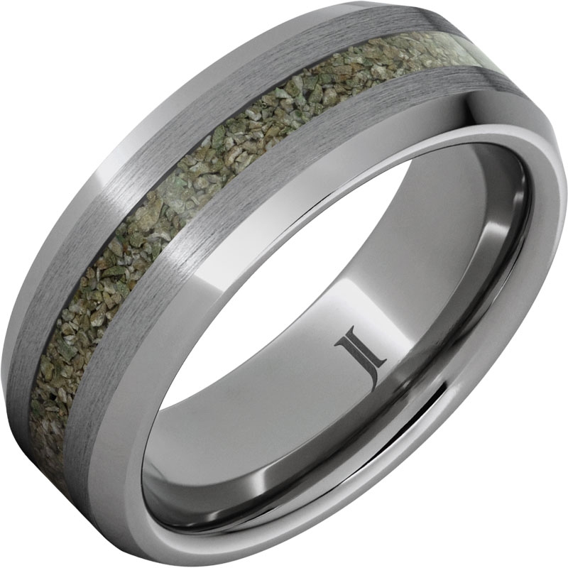 Rugged Tungsten&trade; Ring with Rare Green Fossil Dinosaur Bone Inlay