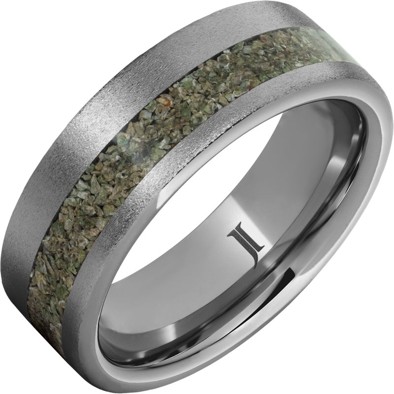 Rugged Tungsten&trade; Ring with Green Dinosaur Bone Inlay and Stone Finish