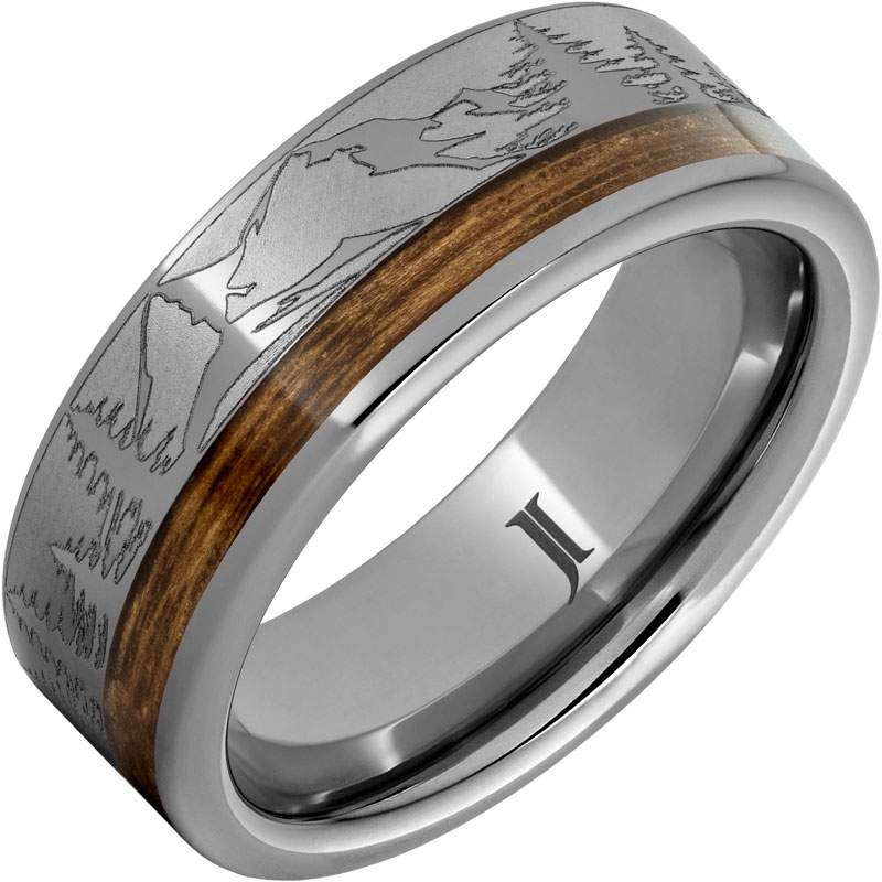 Rugged Tungsten&trade; Ring with Bourbon Barrel Inlay And Mountain Pine Forest Engraving