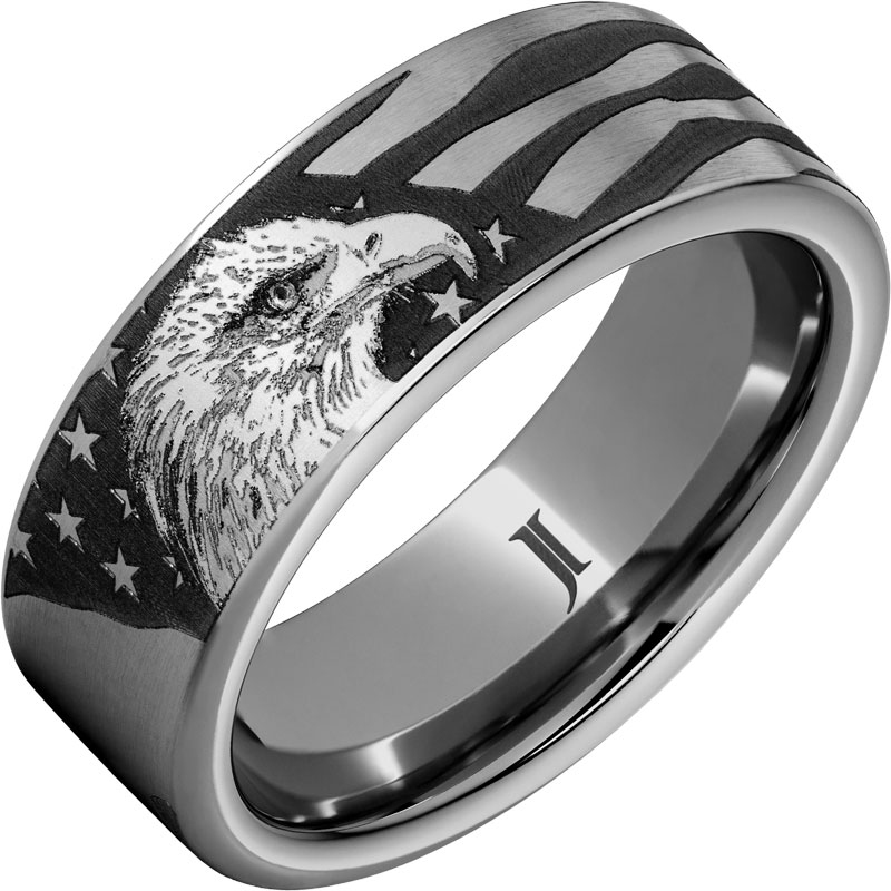The American Eagle - Rugged Tungsten&trade; Ring With Bald Eagle and American Flag Engraving
