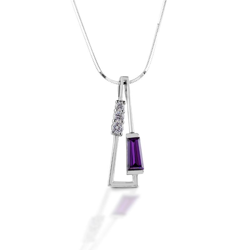 925 Silver Elongated Triangle With Clear Round And Purple Color Tapered Cut Cz