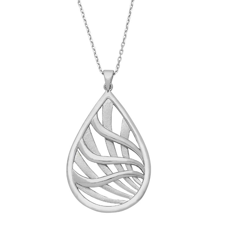 925 Silver Sandblasted And Shiny Waves Of The Sea In A Water Drop Shape Pendant